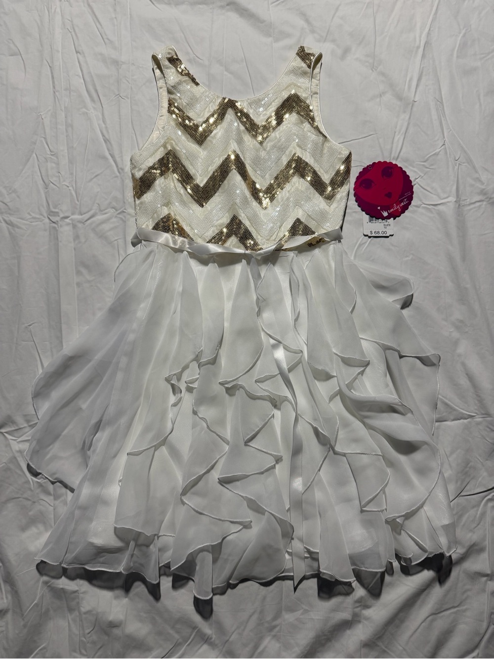 NWT Emily West Girls Size 10 White Gold Sequin Party Dress Chiffon Holiday